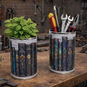 Puede incluir: Dos recipientes cilíndricos con un diseño de libros. Uno contiene una planta verde, el otro herramientas como destornilladores, llaves y alicates. Los recipientes están sobre una superficie de madera, con un fondo de taller.