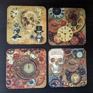 Steampunk drink coasters cogs clocks skulls gothic industrial