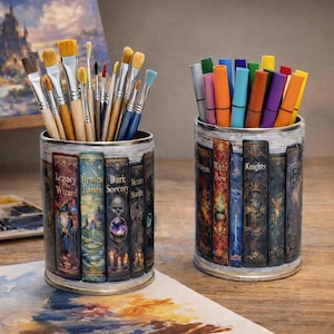 May include: Two decorative pen holders with a fantasy book design. One holds paint brushes, the other holds colorful markers. The holders are on a wooden surface with a painting and palette in the background.