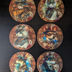 Steampunk cat & dog drink coasters dog and cat lovers gift funny dog cat coasters