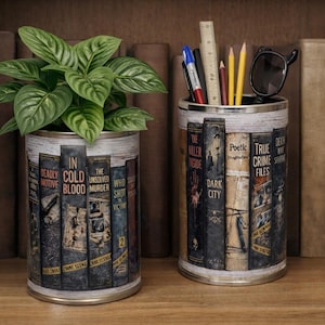 May include: Two cylindrical containers with a book-themed design. One holds a green plant, the other pens, pencils, a ruler, and sunglasses. The containers are decorated with book covers and sit on a wooden surface.