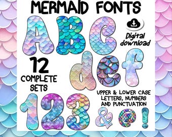 Mermaid Scale Font Bundle: 12 Sets, Letters, Numbers (Digital Download)