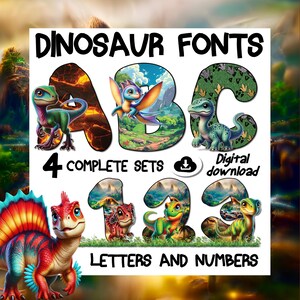 恐竜アルファベット PNG バンドル: 恐竜の文字と数字のセット 4 つ (デジタル ダウンロード)