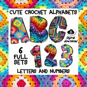 Crochet Font Bundle - Cozy Yarn Alphabet PNGs - Wolle, Kettenstich und Grandma Square Buchstaben für Kunsthandwerk & digitale Designs, Häkelarbeit Clipart