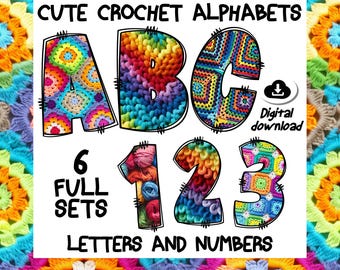 Crochet Font Bundle Clipart: 6 sets Yarn Alphabet PNGs for Crafts (Digital Download)