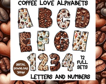 Alfabeto de amor por el café PNG, 12 conjuntos de letras y números (descarga digital)
