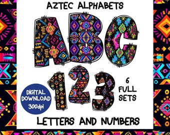 Könnte beinhalten: Aztekische Alphabetbuchstaben und -zahlen in einem farbenfrohen geometrischen Muster. Die Buchstaben A, B, C und die Zahlen 1, 2, 3 sind dargestellt. Der Text "Aztec Alphabets" und "Letters and Numbers" ist ebenfalls enthalten. Digitaler Download, 300 dpi.