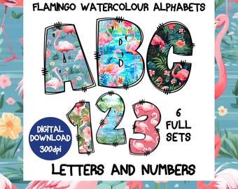 Flamingo Watercolor Alphabet PNG, Clipart Letters, Doodle Font (Digital Download)