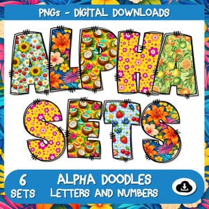 Può includere: Un set di download digitale di lettere e numeri dell'alfabeto con sei motivi distinti tra cui girasoli, fiori tropicali, noci di cocco, fiori gialli, agrumi e bacche. Il testo recita PNGs - DIGITAL DOWNLOADS e ALPHA SETS.