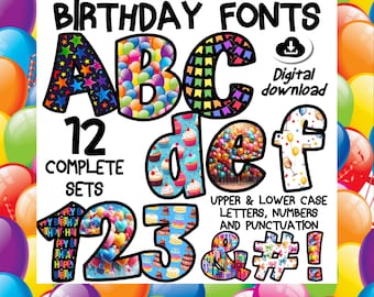 May include: A digital download of 12 sets of birthday fonts. The fonts include uppercase and lowercase letters, numbers, and punctuation. The letters are decorated with colorful birthday-themed patterns, such as balloons, cupcakes, and confetti.