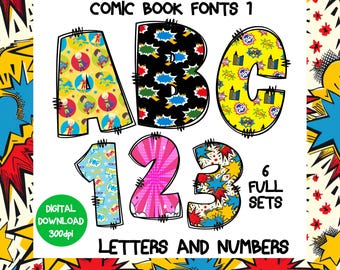 Superhero Comic Book Alphabet and Numbers Clipart (Digital Download)