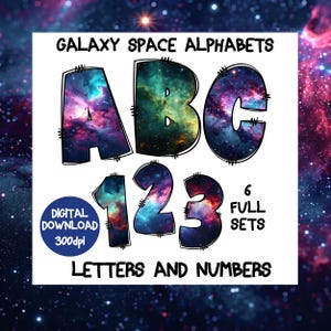 May include: A set of colourful galaxy-themed alphabet letters and numbers. The letters are A, B, and C, and the numbers are 1, 2, and 3. The letters and numbers are outlined in black and have a galaxy pattern inside. The text "GALAXY SPACE ALPHABETS" is at the top of the image. The text "LETTERS AND NUMBERS" is at the bottom of the image. The text "6 FULL SETS" is in the upper right corner of the image. The text "DIGITAL DOWNLOAD 300dpi" is in the lower left corner of the image.