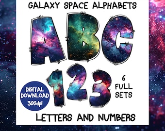 Könnte beinhalten: Ein Satz von bunten, galaxie-thematischen Alphabetbuchstaben und -zahlen. Die Buchstaben sind A, B und C, und die Zahlen sind 1, 2 und 3. Die Buchstaben und Zahlen sind schwarz umrandet und haben ein Galaxiemuster im Inneren. Der Text "GALAXY SPACE ALPHABETS" befindet sich oben im Bild. Der Text "LETTERS AND NUMBERS" befindet sich unten im Bild. Der Text "6 FULL SETS" befindet sich oben rechts im Bild. Der Text "DIGITAL DOWNLOAD 300dpi" befindet sich unten links im Bild.