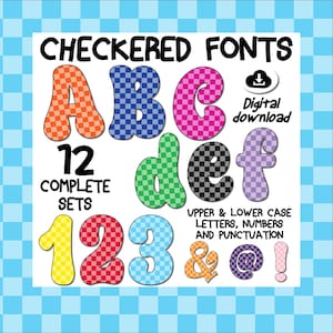PNG-bundel met geruit alfabet, 12 digitale lettersets, kleurrijke letters, cijfers en interpunctie voor sublimatie, knutselen en feestdecor
