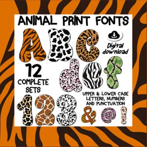 Alfabeto PNG con estampado animal: 12 conjuntos de divertidas letras, números y signos de puntuación con estampado animal, fuente Wild Safari para manualidades, imprimibles y decoraciones.