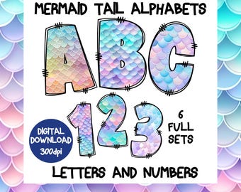 Mermaid Tail Alphabet png, 6 sets of pastel mermaid tails design letters digital download, clipart letters, clipart font, alphabet png