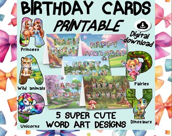 Printable Birthday Cards for Kids – Princess, Unicorn, Fairy, Dinosaur & Animal Themes – Set of 5 Fun Digital Download Cards