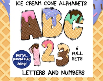 Ice Cream Cone Alphabet x6, various ice cream designs font png digital download | clipart letters | Doodle font | alphabet png
