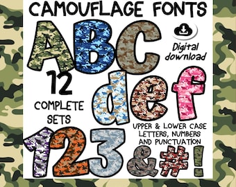 Camouflage Alphabet PNGs – 12 Military-Style Camouflage Fonts – Army Camo Letters Clipart for Kids Crafts, Printables and POD