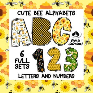 Bee-lettertypebundel – 6 schattige honingbij-alfabet-pngs – honingraat-, hommel- en natuurletters voor printables, knutselwerkjes en digitale ontwerpen