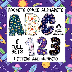 Paquete de fuentes espaciales Rockets: 6 PNGs de alfabetos futuristas y estelares: letras de galaxia, estrellas y espacio exterior para imprimibles y manualidades.