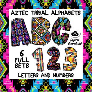 Aztec Tribal Font Bundle – 6 Bold and Geometric Alphabet PNGs – Ancient Patterns, Tribal Letters for Printables, Crafts & Digital Designs