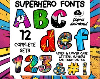 Superhero Font bundle - 12 sets - Comic book upper & lower case letters, numbers and punctuation. Transparent letters PNG, alphabet clipart