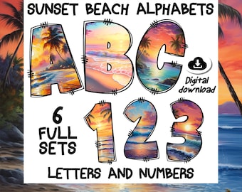 Tropical Sunset Font Bundle – 6 Vibrant Beach Alphabet PNGs – Palm Trees, Ocean Waves and Sunset Letters for Printables & Crafts