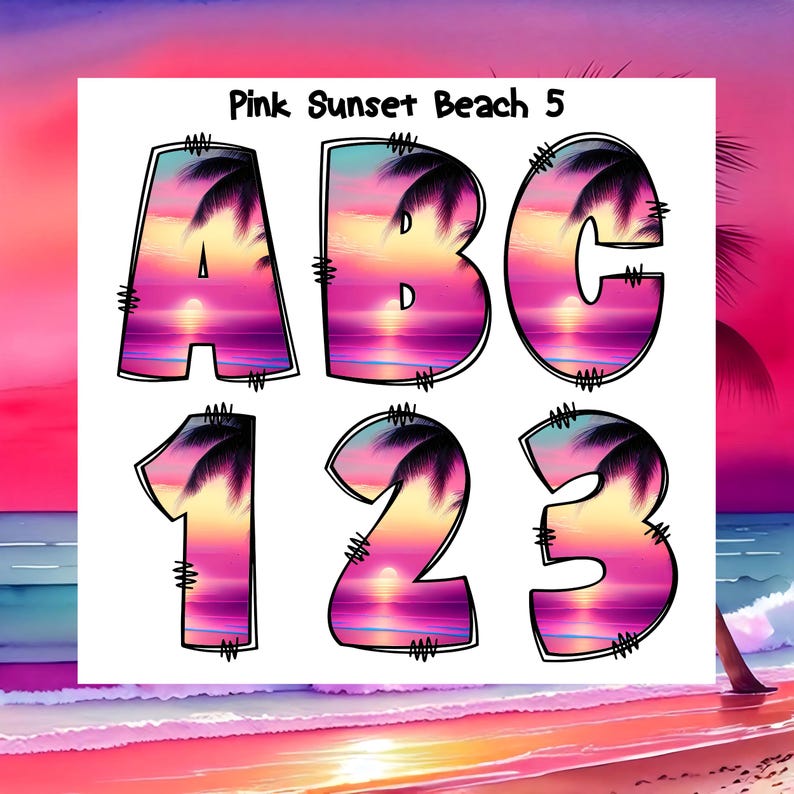 Pink Beach Sunset Font PNG Bundle: Tropical Alphabet (digital Download ...