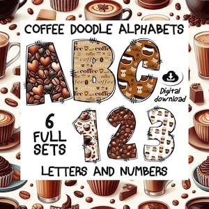 Coffee Font Bundle – 6 Cozy and Caffeinated Alphabet PNGs – Latte, Espresso and Coffee Bean Letters for Printables, Crafts & Designs