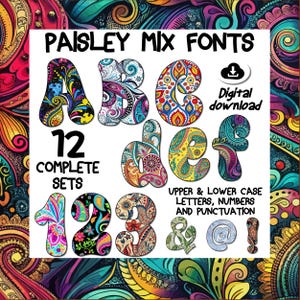 Paisley Font Bundle | 12 Digital Sets with both Upper and Lowercase Letters, Numbers & Punctuation | PNG for Crafts and Sublimation
