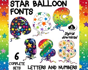 May include: A digital download graphic featuring six complete sets of star balloon fonts. The letters and numbers are colorful, with star patterns and rainbow gradients. The text reads "STAR BALLOON FONTS", "6 COMPLETE SETS", and "LETTERS AND NUMBERS".