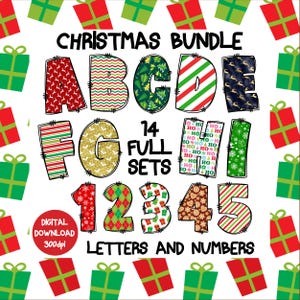 Christmas Alphabet Clipart: 14 full sets Doodle Font, Letters & Numbers (PNG Digital Download)