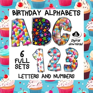 Lot de polices d'anniversaire - Alphabets PNG amusants et colorés - Lettres de fête pour impressions, invitations, travaux manuels et créations numériques
