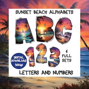 May include: Sunset Beach Alphabets: A set of 6 full alphabet and number sets featuring a sunset beach scene with palm trees and ocean waves. Digital download, 300dpi.