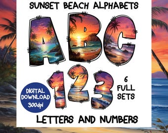 Sunset Beach Alphabet x6, colourful ocean sunset font png digital download, alphabet clipart, Doodle font, alphabet png