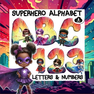 Superhero Alphabet & Numbers PNG – Bold Comic Book Font Clipart for Kids, Crafts, Printables, and Decor - Superheroes with gothic background
