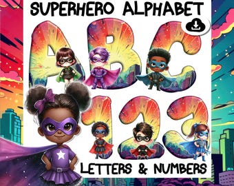 Superhero Alphabet & Numbers PNG – Bold Comic Book Font Clipart for Kids, Crafts, Printables, and Decor - Superheroes with gothic background