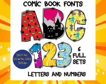 Superhero Comic Book Font, Clipart Letters and Numbers (PNG Digital Download)