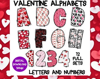 Valentine Alphabets png, 12 full sets of love inspired letters and numbers digital download, clipart letters, valentine alphabet