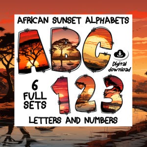 Pacchetto di font African Sunset – 6 fantastici PNG dell'alfabeto Safari – Lettere e numeri del tramonto della savana per stampe, artigianato e design