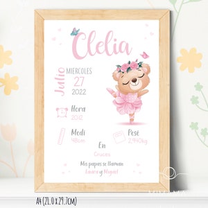 Lençol infantil personalizado com dados do bebê, foto de nascimento personalizada para menina com ursinho ou coelho bailarina, lençol impresso
