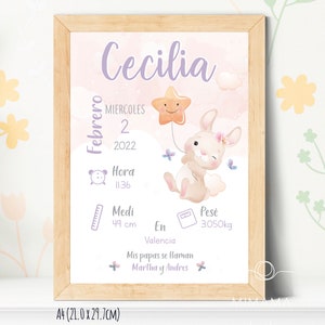 Lenzuolo neonato personalizzato con dati bimbo, tema natale personalizzato per bambina con coniglietto e stella, lenzuolo stampato