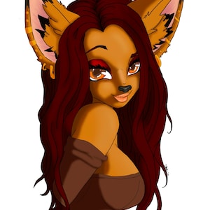 May include: A digital illustration of a furry character with long red hair, brown fur, and large ears. The character is wearing a brown top and has a warm, inviting expression.