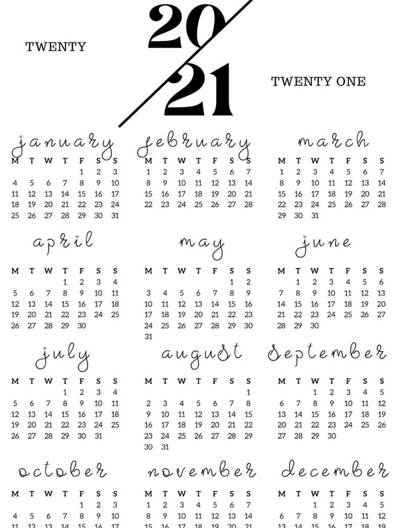 2021 calendar printable yearly calendar modern calendar etsy