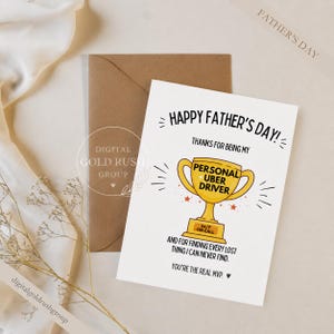 Puede incluir: Una tarjeta del Día del Padre con una ilustración de un trofeo dorado que dice "Personal Uber Driver". La tarjeta también incluye el texto "Happy Father's Day!" y "You're the real MVP."