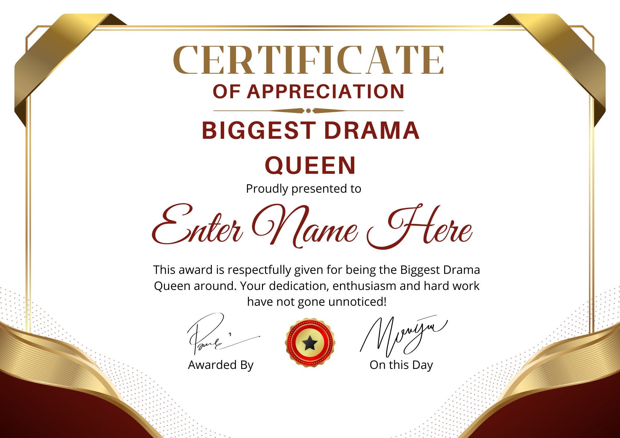 Certificate Drama Queen Funny Award Party Gift Bachelorette Party ...
