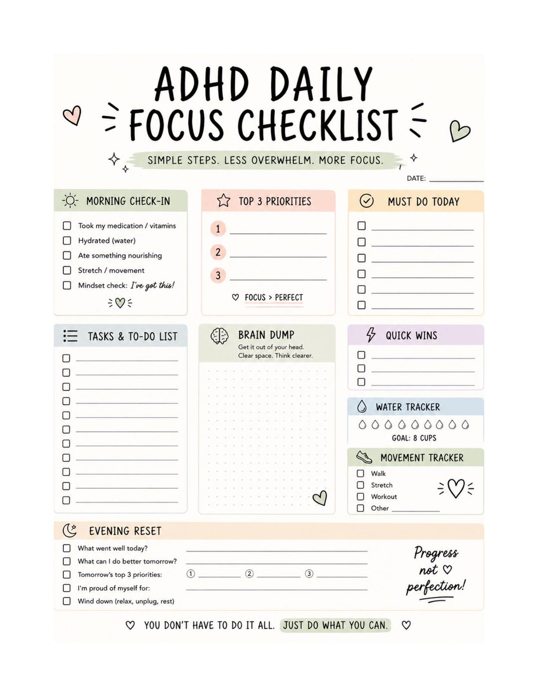 ADHD Daily Focus Checklist, Executive Function Planner, Productivity ...