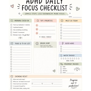 Può includere: Un elenco di controllo giornaliero bianco per l'ADHD con sezioni per il controllo mattutino, le priorità principali, i compiti, il brain dump, le vittorie rapide e il ripristino serale. Il testo recita: "Simple steps. Less overwhelm. More focus."