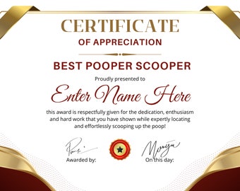 Certificate of Appreciation for Best Pooper Scooper Funny Gift Party favors Birthday Party Dog Furry Best Friend Dad Mom Son Daughter